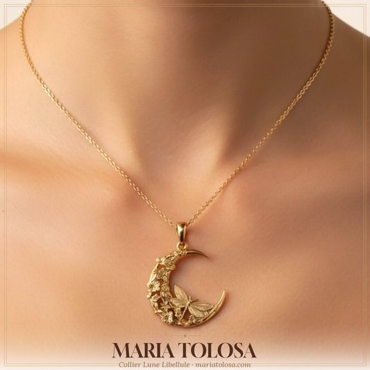 Collier Lune & Papillon — Pendentif Floral Doré