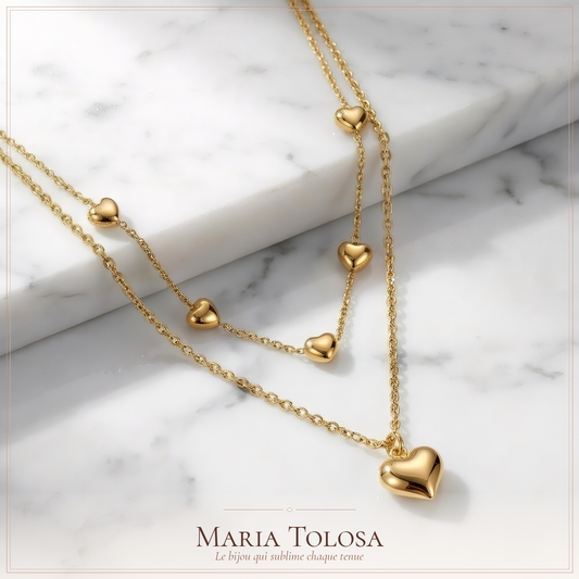 Collier Double Rang Cœur Doré — Chaîne Fine Plaquée Or
