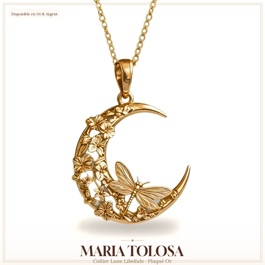 Collier Lune & Papillon — Pendentif Floral Doré
